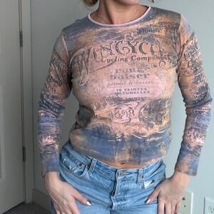 Vintage Y2K Skinny Minnie Allover Print Rhinestone Long Sleeve T-Shirt